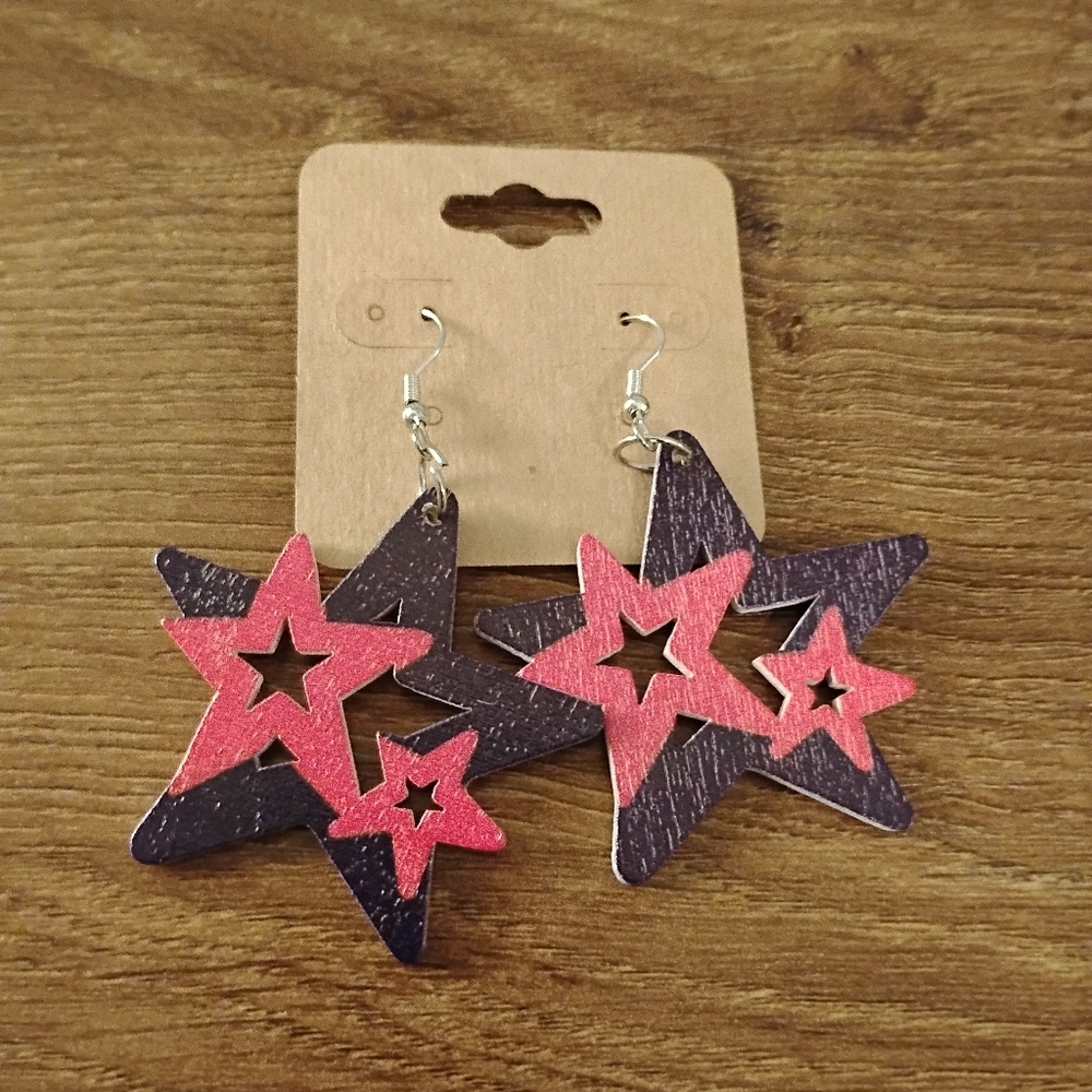 Layered Star Drop Earrings Red Blue Celestial Statement Dangle Boho Festival